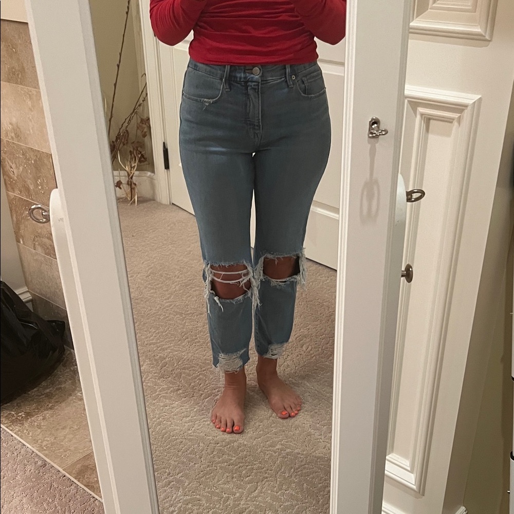 Good American Light Blue Distressed Cropped Jeans